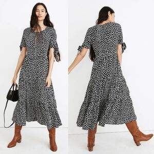 FLAWED MADEWELL Tie-Sleeve Tiered Midi Dress In Woodcut Flowers 4.